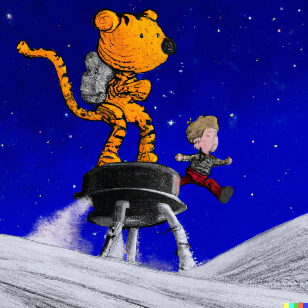 Prompt: Calvin and Hobbes going to space, unreal 5