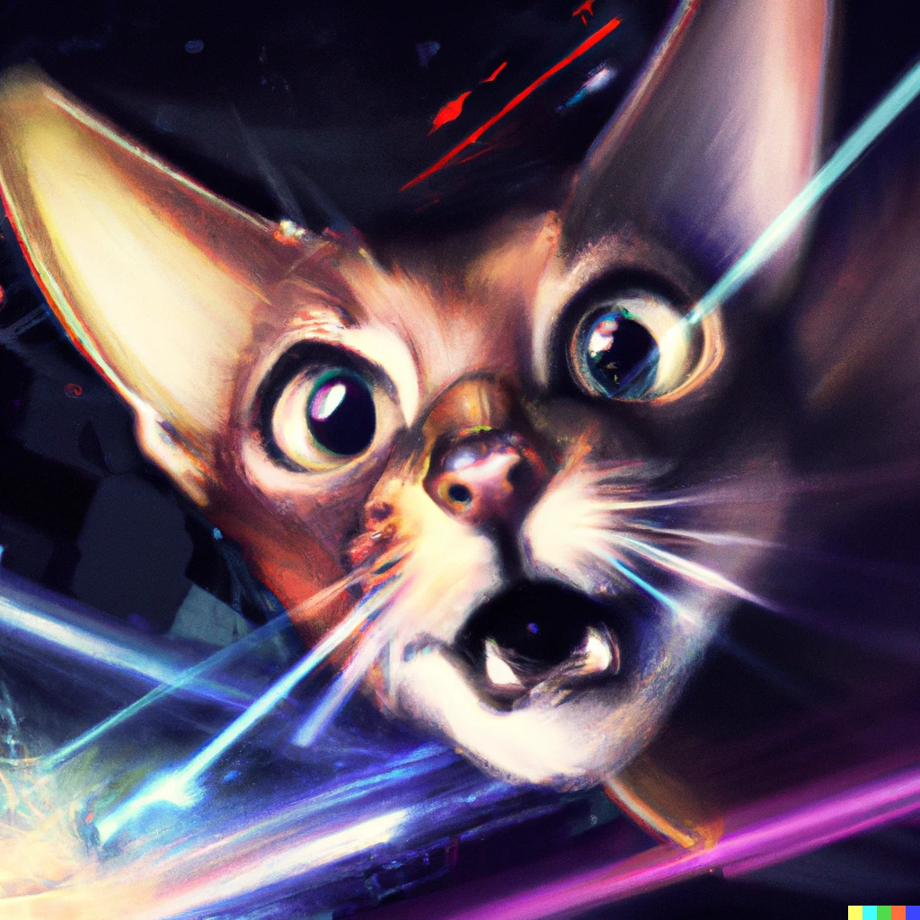 Prompt: excited cyberpunk Abyssinian cat in space, cyberpunk digital painting