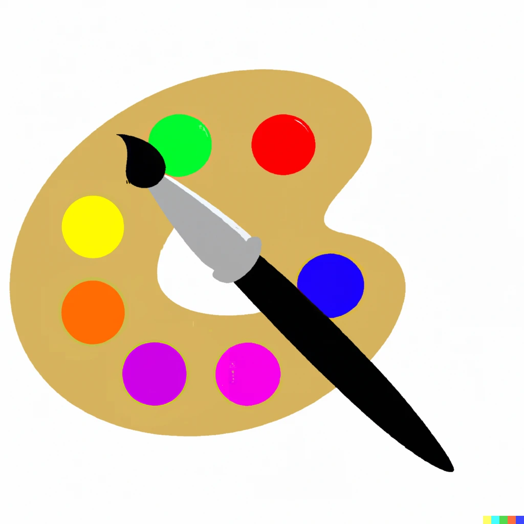 Prompt: Icon of painting palette with red; yellow; yellow, orange and purple blobs of paint on it, and with a brush in front of it.