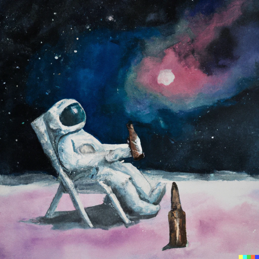 Prompt: An astronaut lying on a deck-chair on the moon in a space suit, with his feet kicked up on a beer bottle box, holding a bottle of beer in his right hand, looking at the earth rising over the horison, illuminated by the sun, with pink milky way galaxy across the black sky, award winning watercolor painting