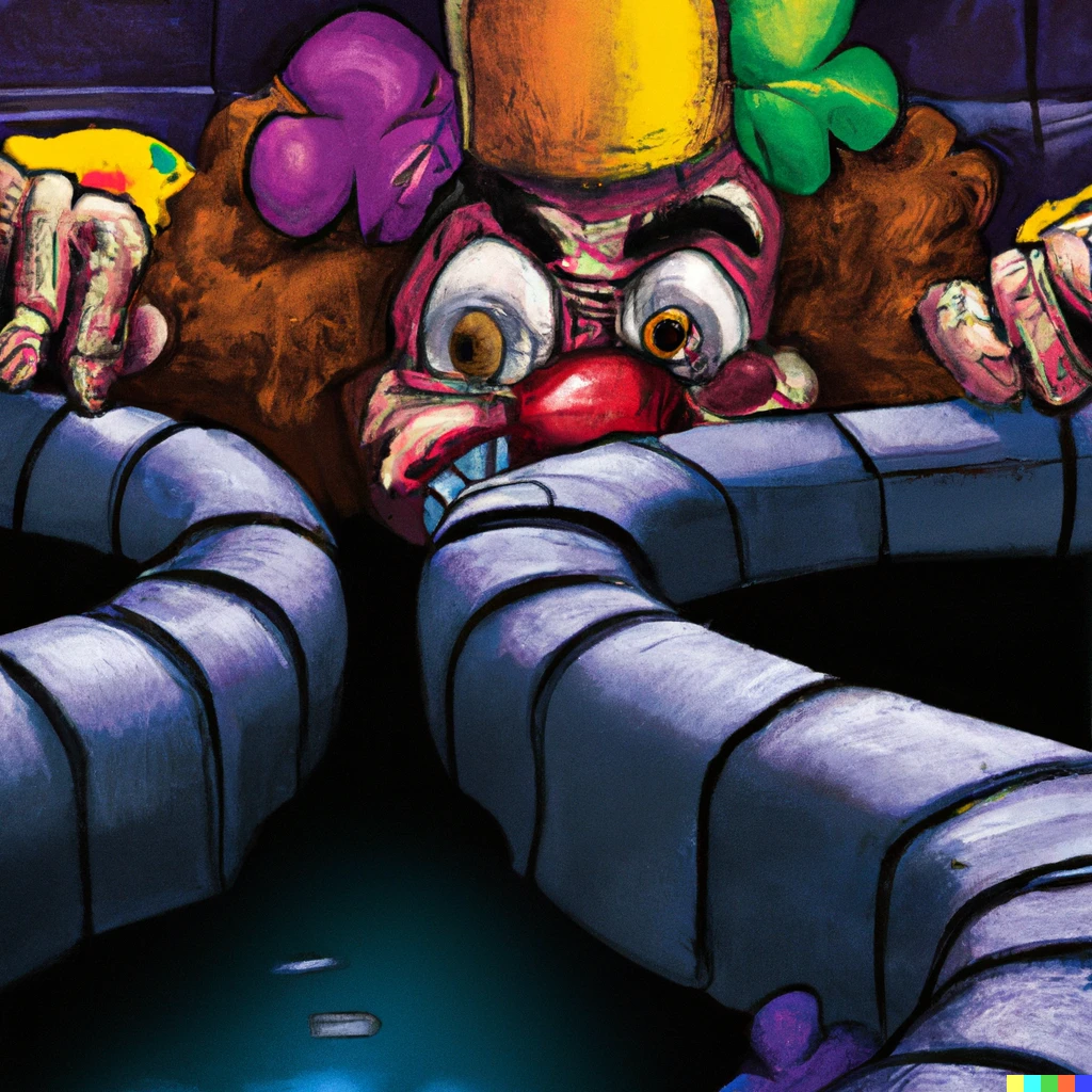Prompt: a clown peering out from a storm drain, cartoon style, digital art
