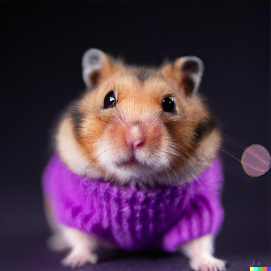 Prompt: happy hamster wearing a purple turtleneck, studio, portrait, facing camera, studio, bokeh, dark background
