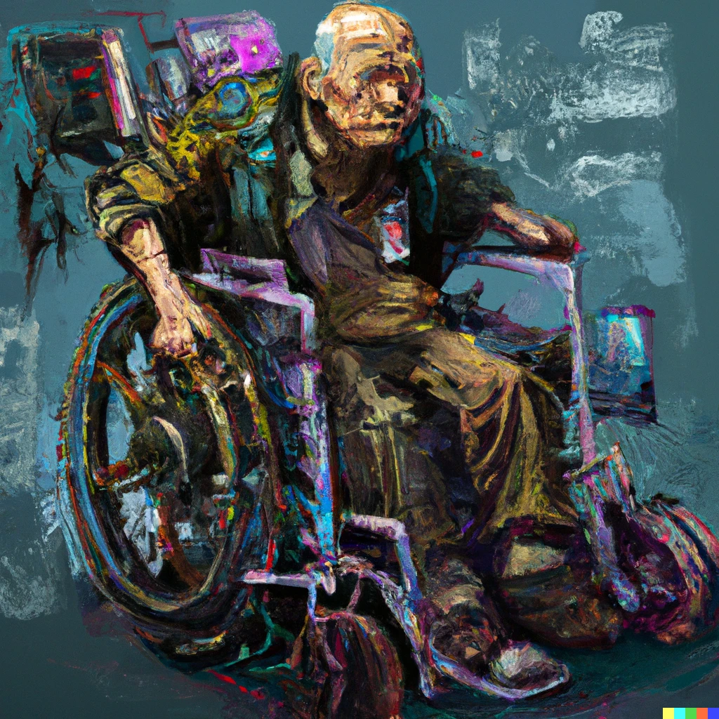 Prompt: "digital art of an elderly chinese man in a highly mechanized wheelchair, with multiple wires and pieces of machinery jutting out from it, trending on artstation"
