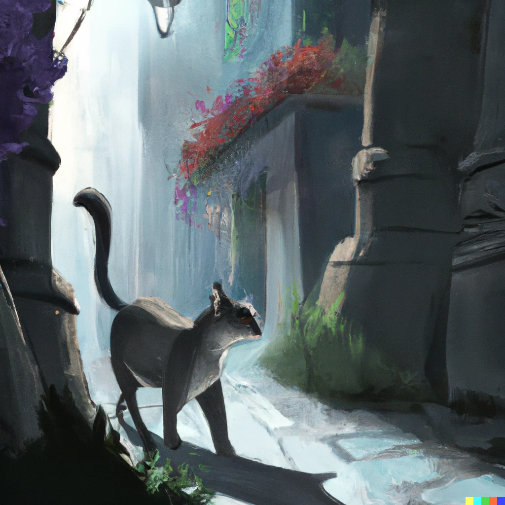 Prompt: European cat strolling through a stone alleyway, digital art