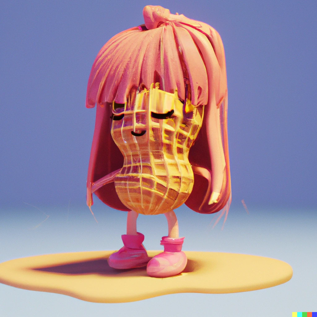 Prompt: a peanut character with rose colored long hair and a smug look on her face with closed eyes, unreal engine