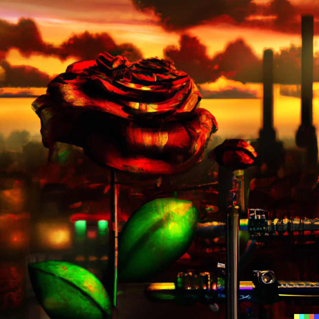 Prompt: A rose in full bloom, its petals a deep red hue, surrounded by a steampunk city. The sun is setting in the background, casting a warm light on the scene, digital art, unreal 5 