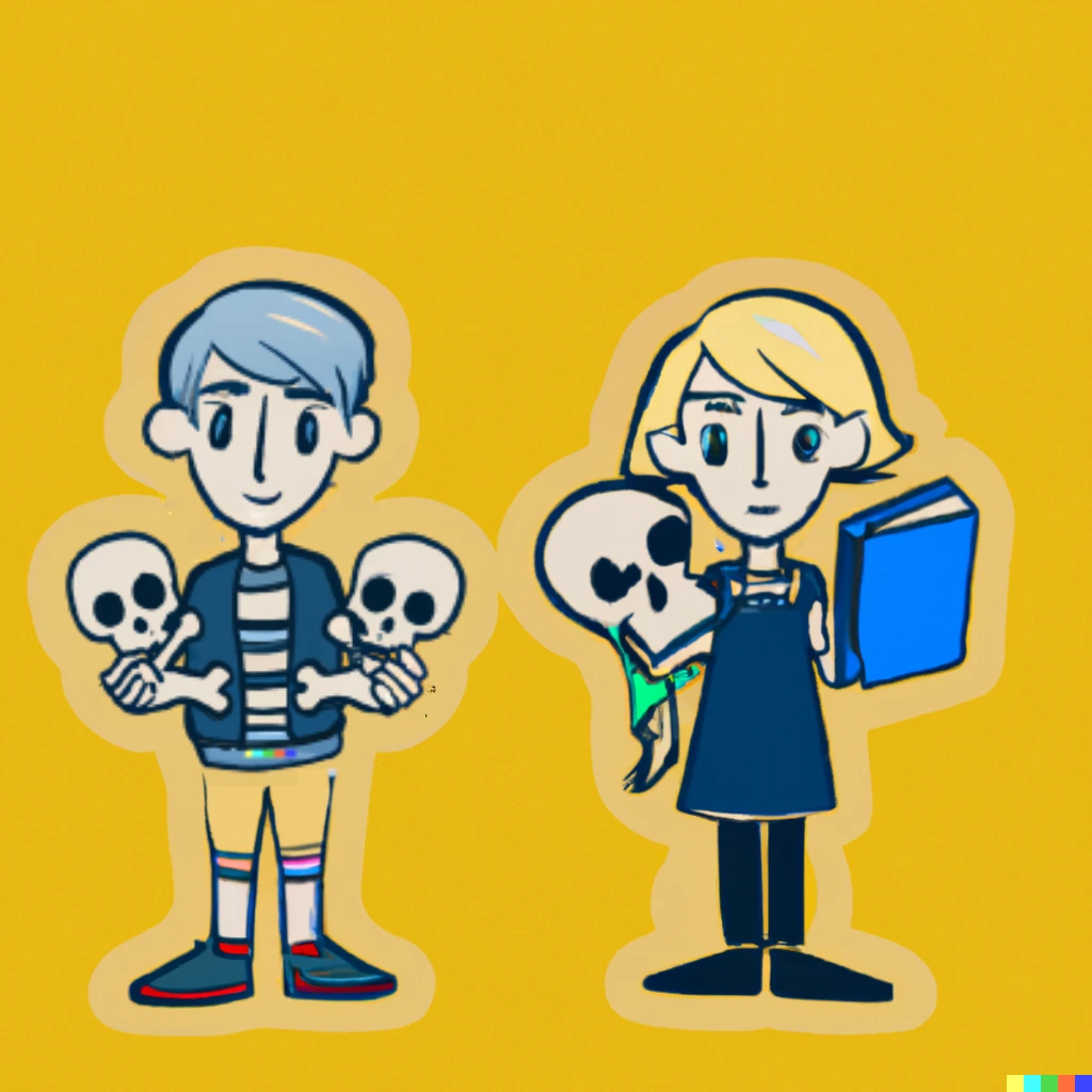 Prompt: a blue haired boy holding skulls and a blond noble holding a book, sticker illustration