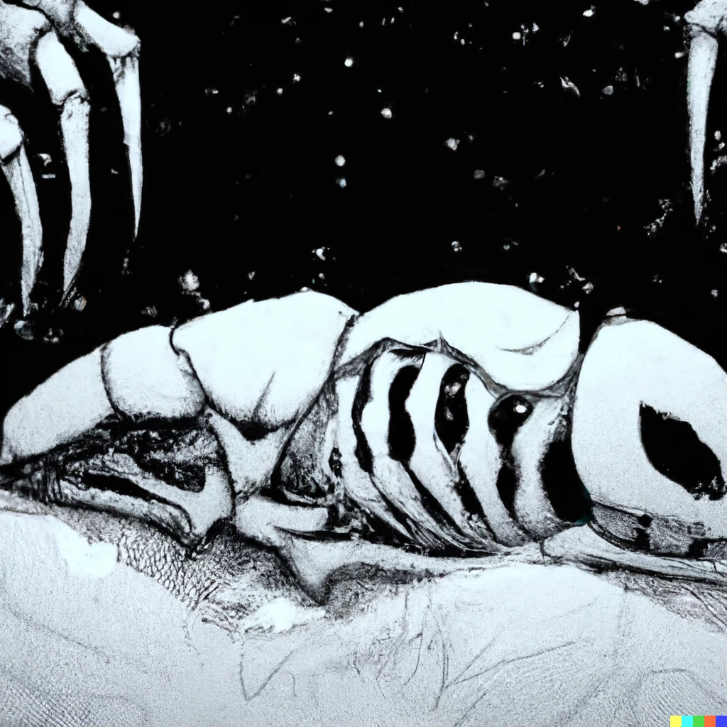 Prompt: "The skeleton of a titan monster laying in the snow as a screenshot of a background from the game "Hollow Knight" by Ari Gibson"