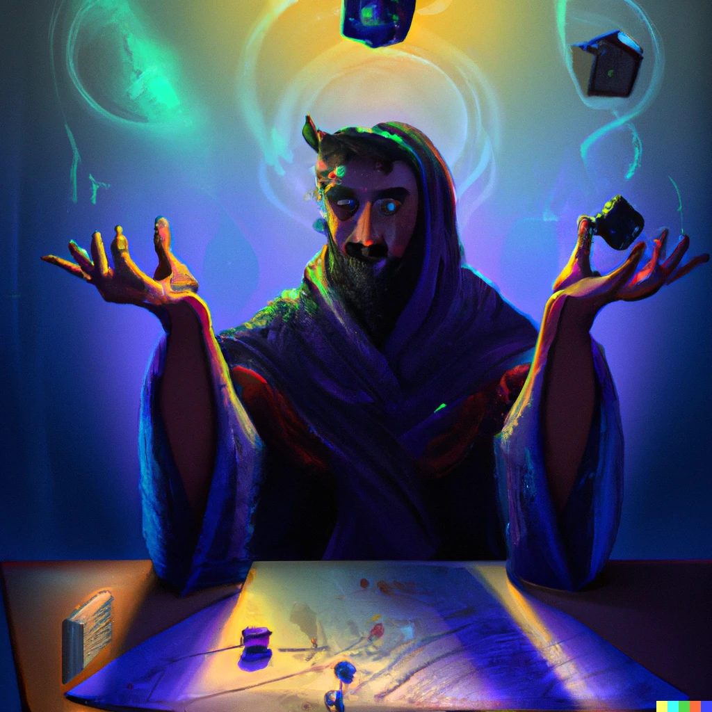 Prompt: Shadowed god manipulating the universe , sitting at a table, dice, digital art