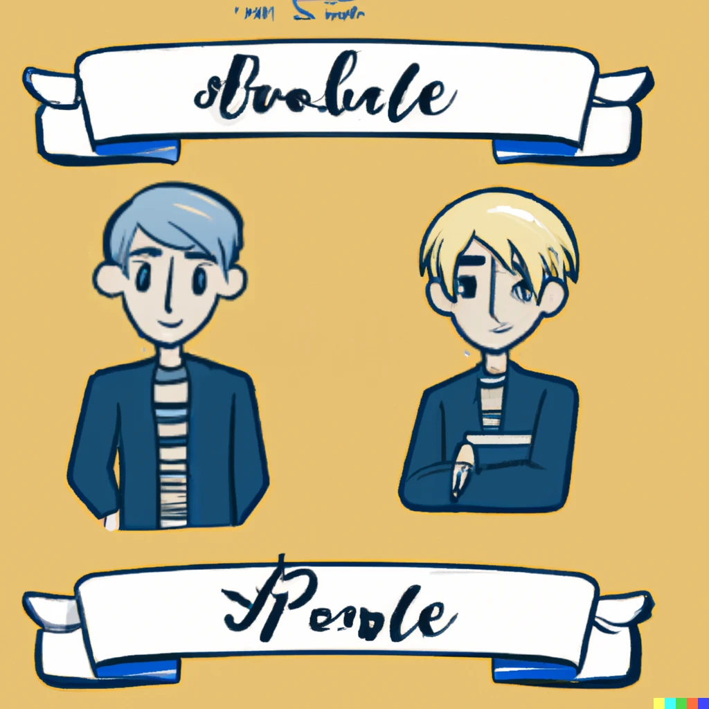 Prompt: a blue haired boy and a blond ponytail male noble holding a book, sticker illustration