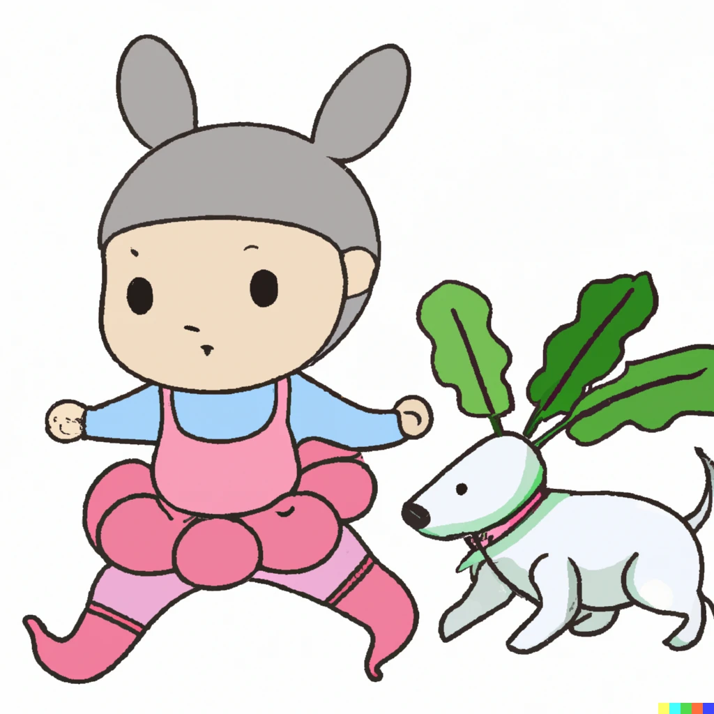 Prompt: An illustration of a baby dakon radish in a tutu walking a dog