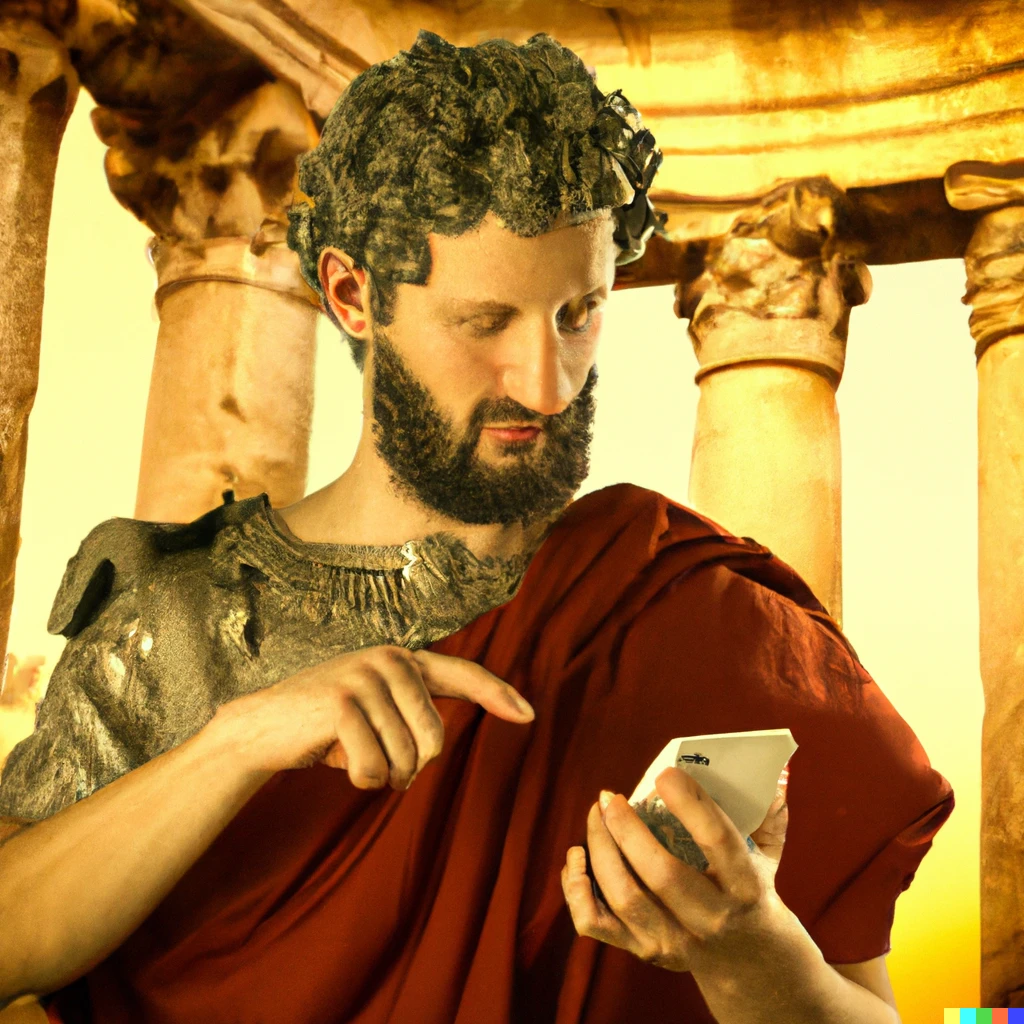 Prompt: Marcus Aurelius using his iPhone in Ancient Rome 