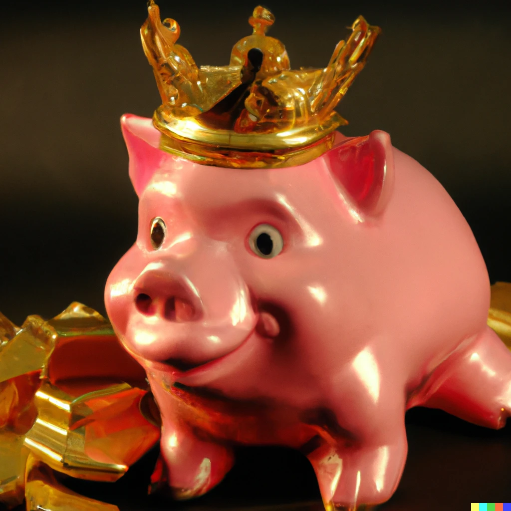 Prompt:  a shiny metallic pink  pig with a golden crown with lots of treasure around him 