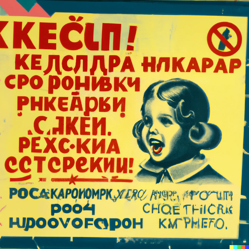Prompt: A soviet propaganda poster warning about the dangers of speaking to children, high detail