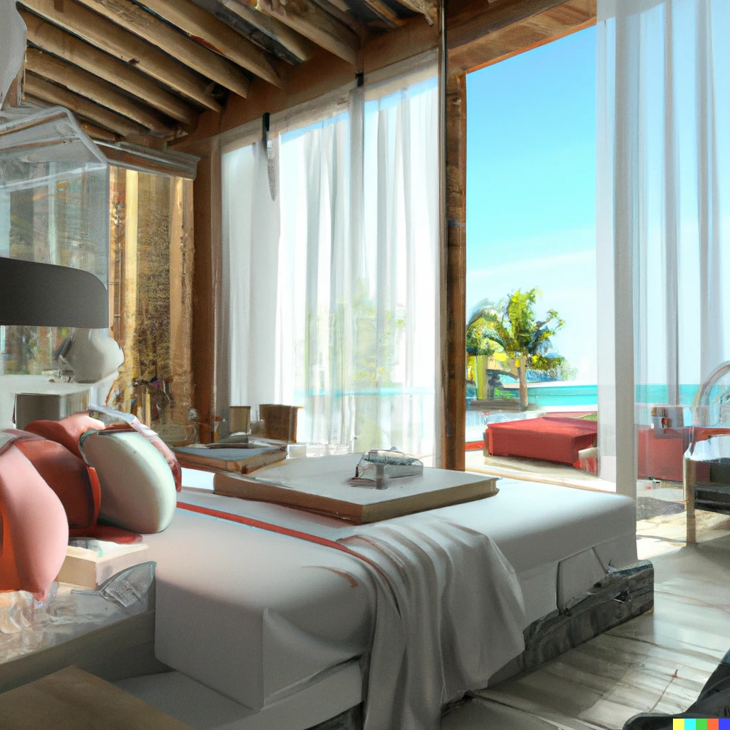Prompt: A interior design for a dreamy and cozy beachhouse close to the caribbean sea, hyperdetailed, photorrealism, 8k