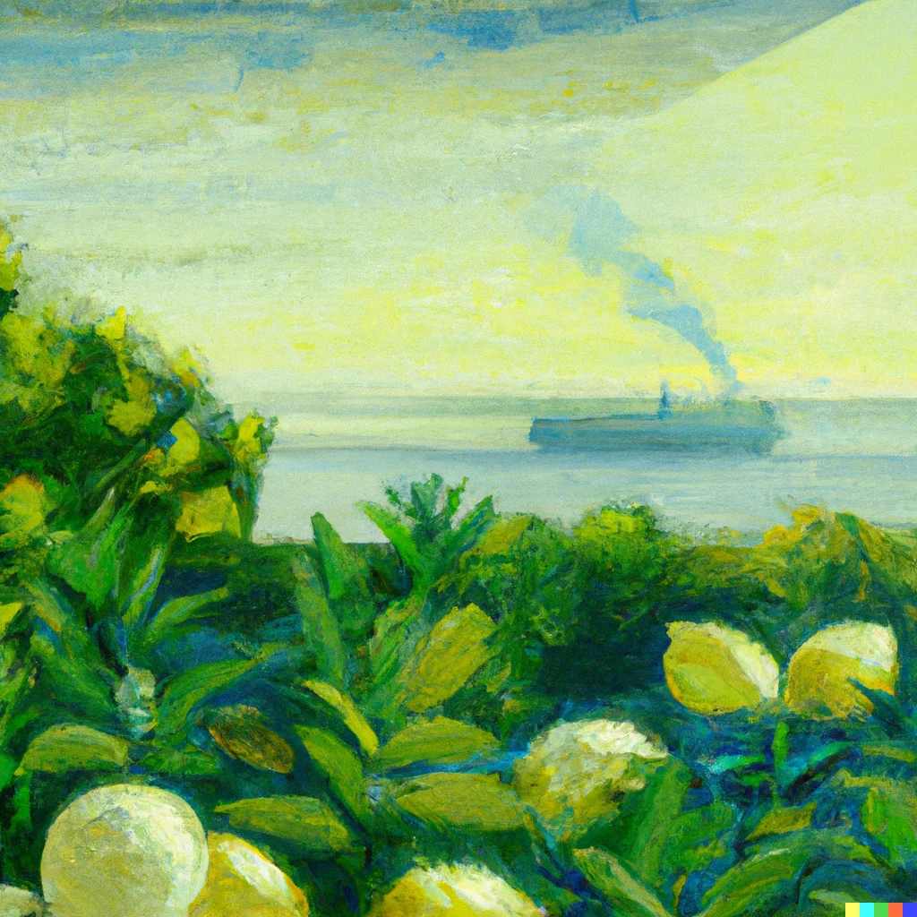 Prompt: A landscape painting of a lemon orchard. A big ship is visible in the sea in the background 