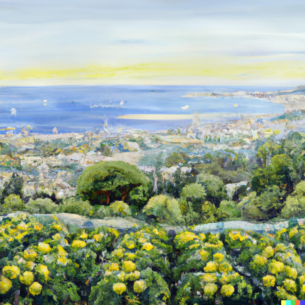 Prompt: A landscape painting of a lemon orchard. Barcelona is visible by the sea in the background 