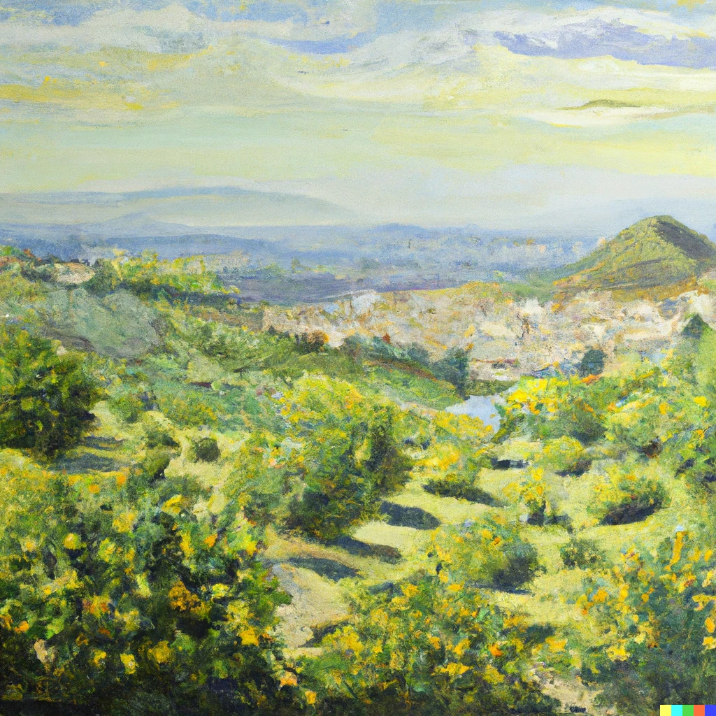 Prompt: A landscape painting of a lemon orchard. A Spanish city is visible on a hill in the background 