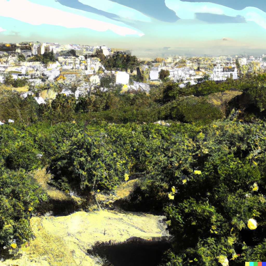 Prompt: A digital landscape painting of a lemon orchard. A Spanish city is visible on a hill in the background 