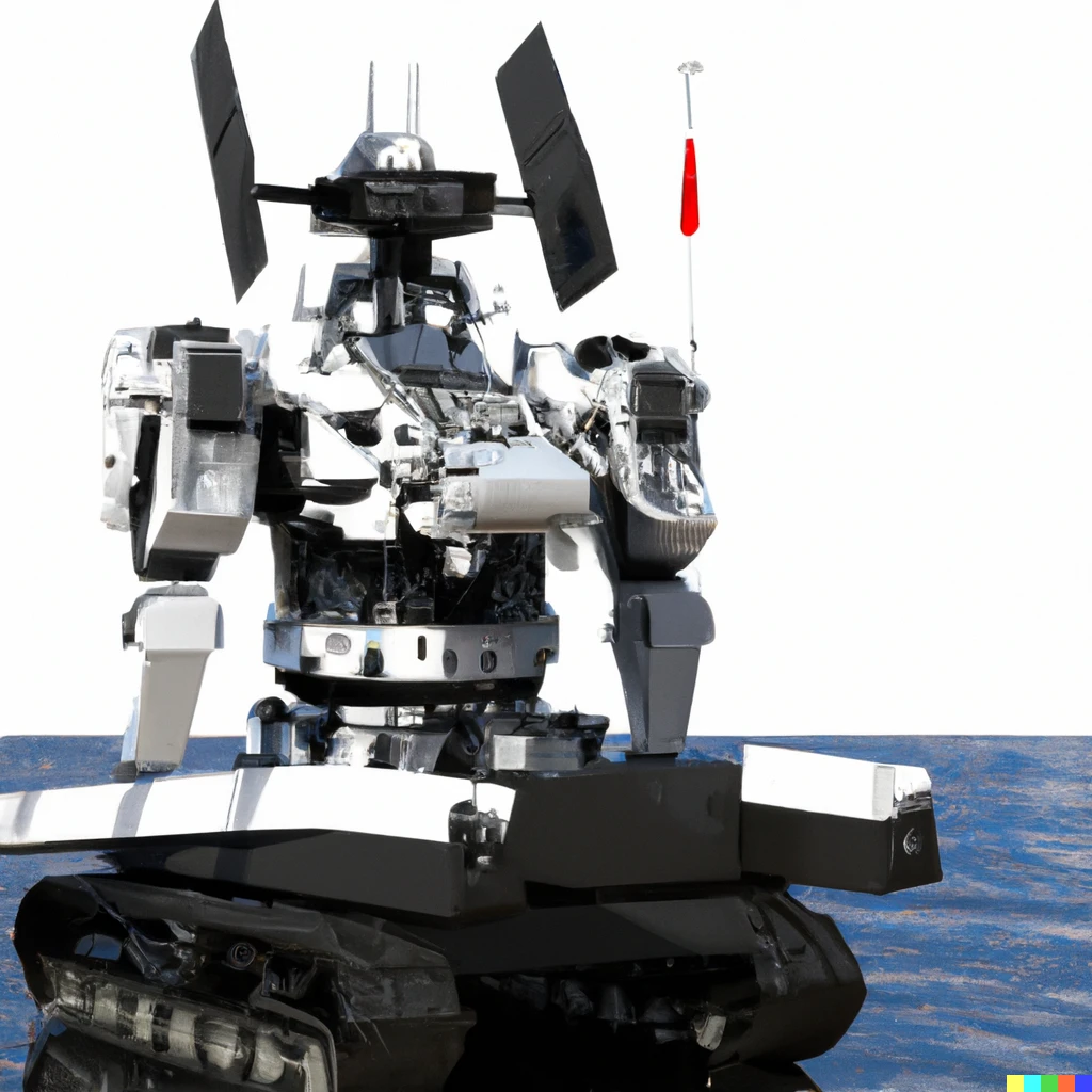 Prompt: 3D  render of bipedal robot whose motif is a battleship in WWⅡ which is in Tokyo Bay.