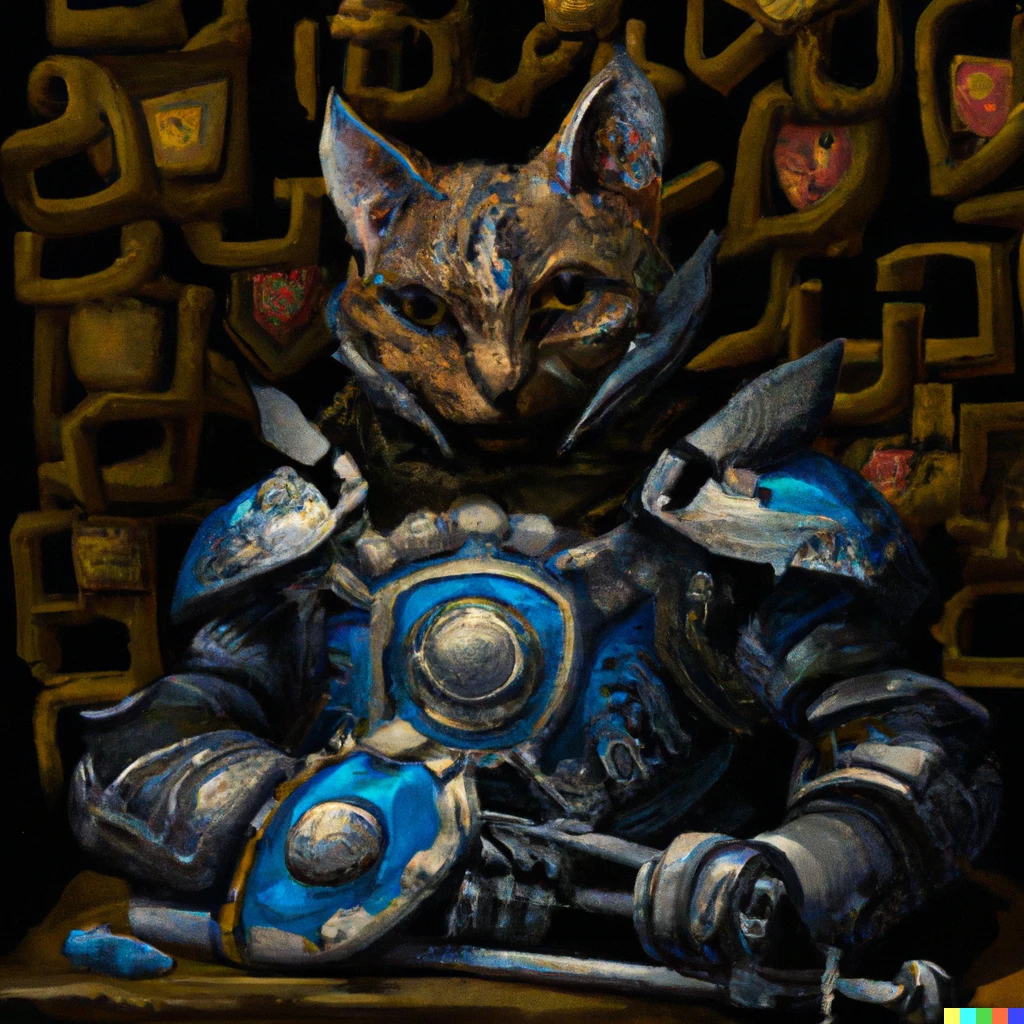 Prompt: Magic tbe Gathering's picture of a cat with heavy armor.