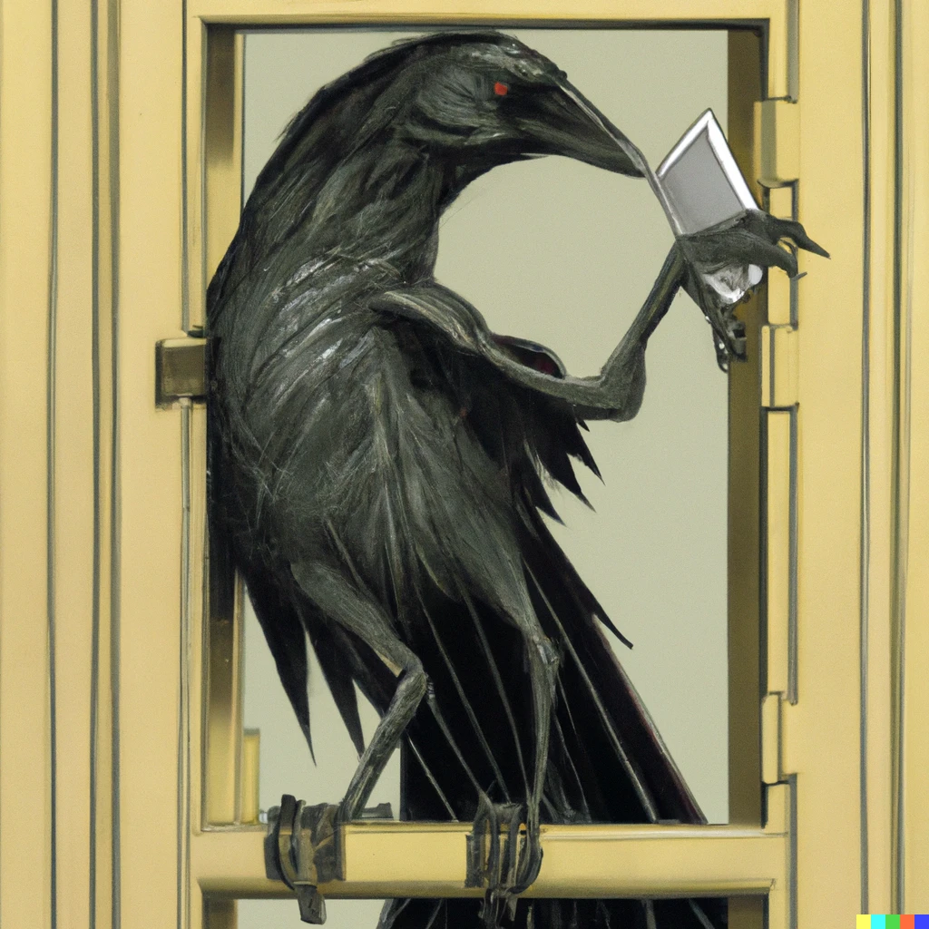 Prompt: Magic the Gathering's picture of a crow which is using their wing as a finger and opening a door which is ten times bigger than the birds body.