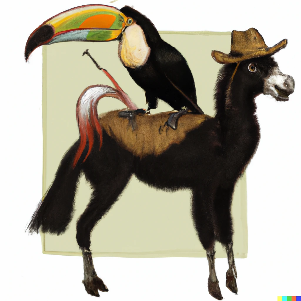 Prompt:  toucan wearing a cowboy hat riding a llama in the style of Dante Gabriel Rossetti