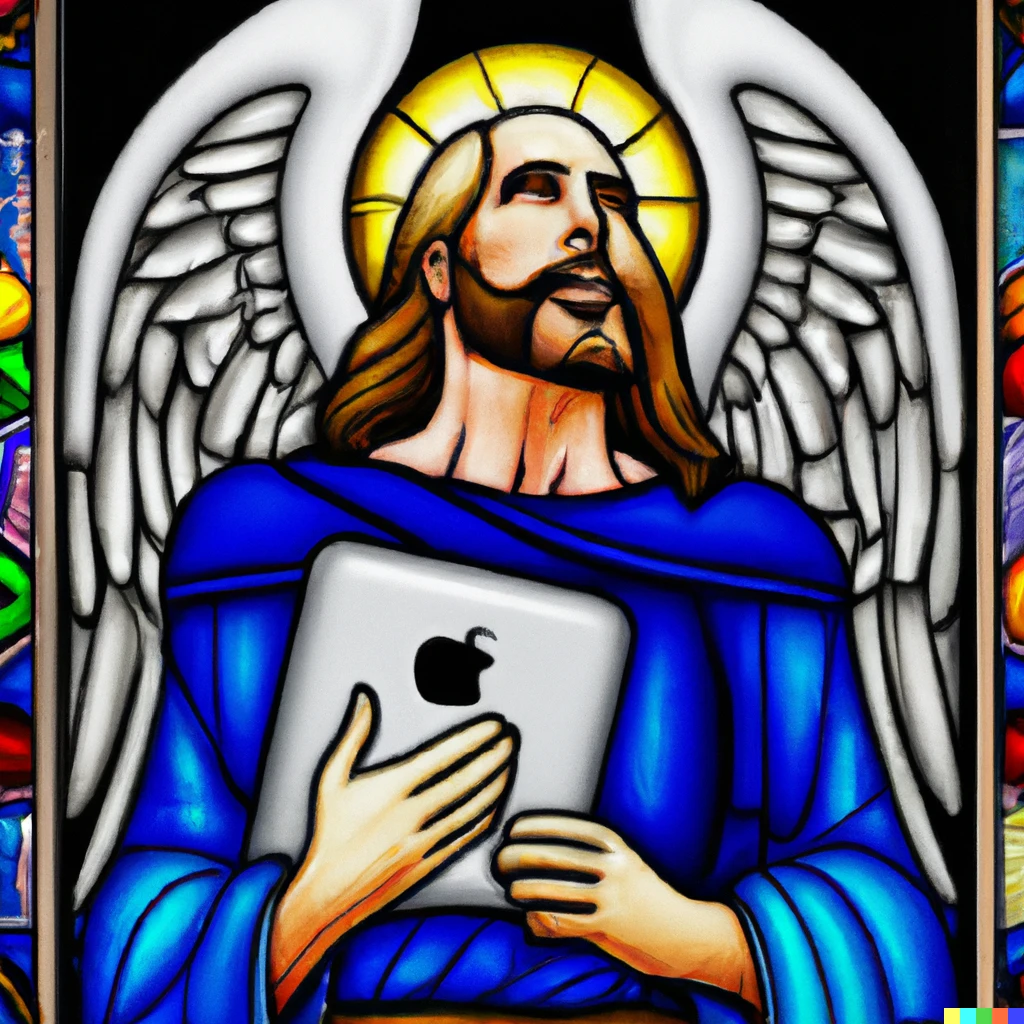 Prompt: High resolution realistic stained glass window depicting the late Steve Jobs with angel wings, holding an Apple logo and an iPad in his hands, looking up into the sky