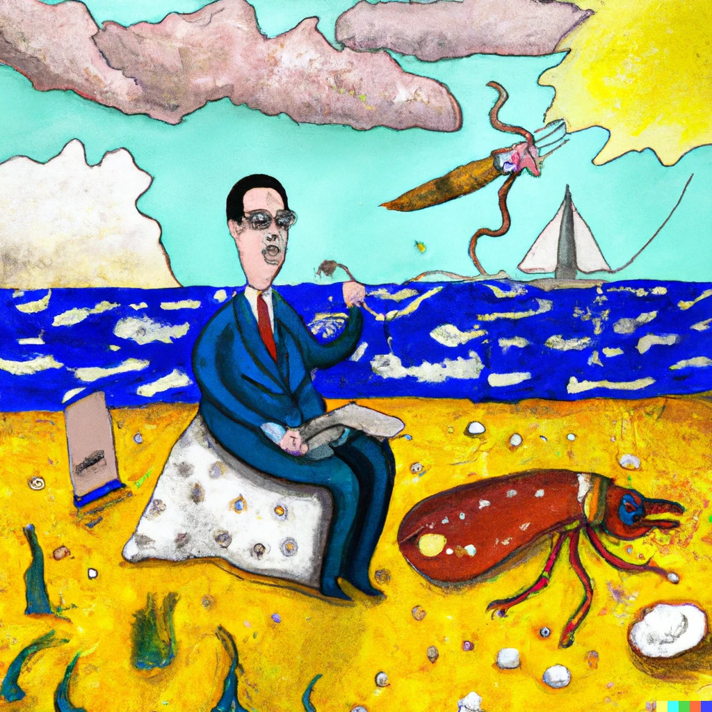 Prompt: absurd paintings of John Oliver having a picnic with his squid friend in the style of Salvador Dali 