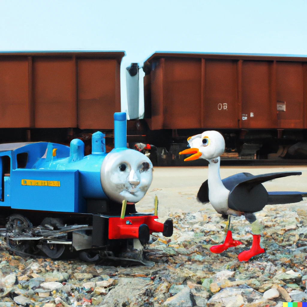Prompt: thomas the tank engine and a pterosaur talking  in the trainyard