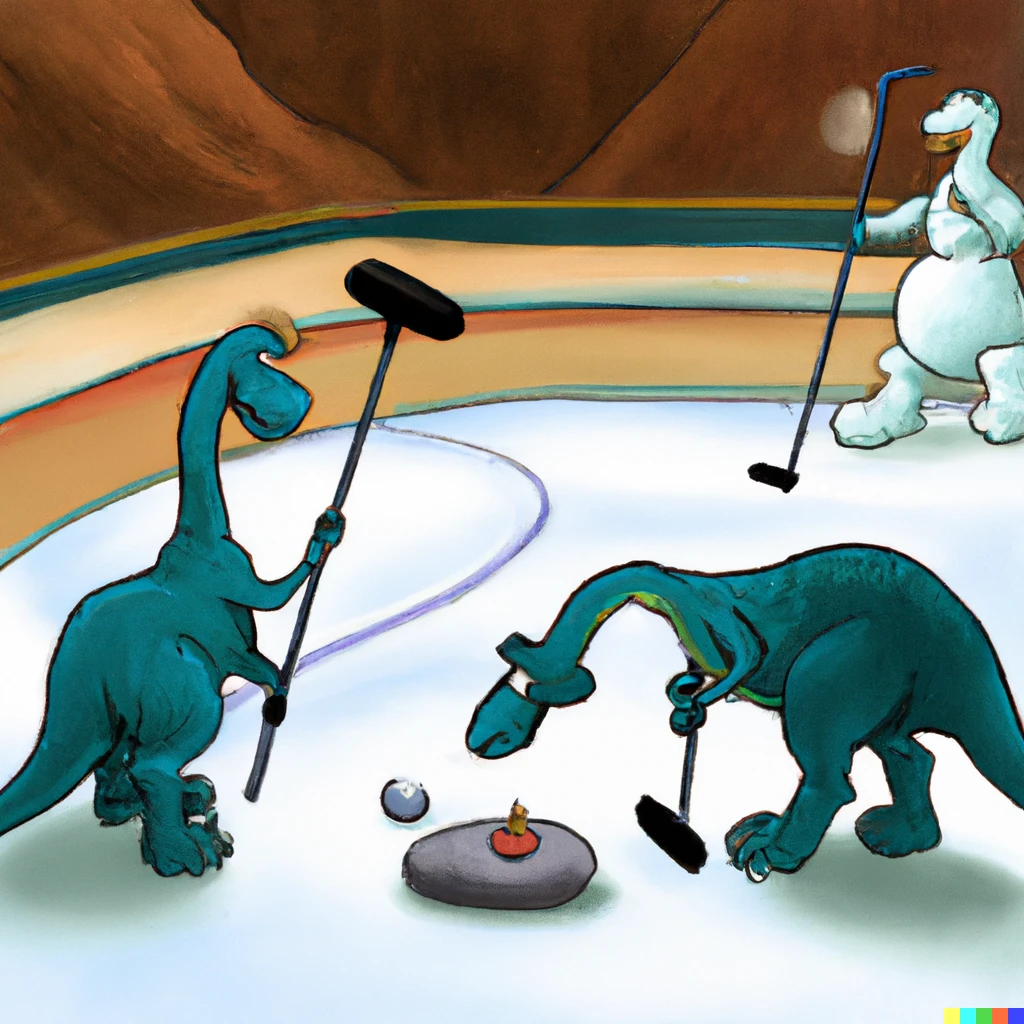 Prompt: Dinosaurs playing a curling match on ice