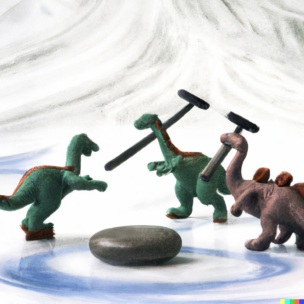 Prompt: Dinosaurs playing a curling match on ice, photograph