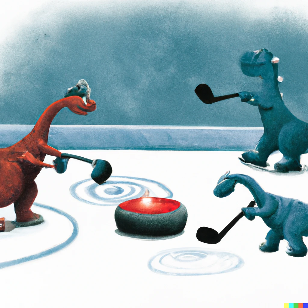 Prompt: Dinosaurs playing a curling match on ice
