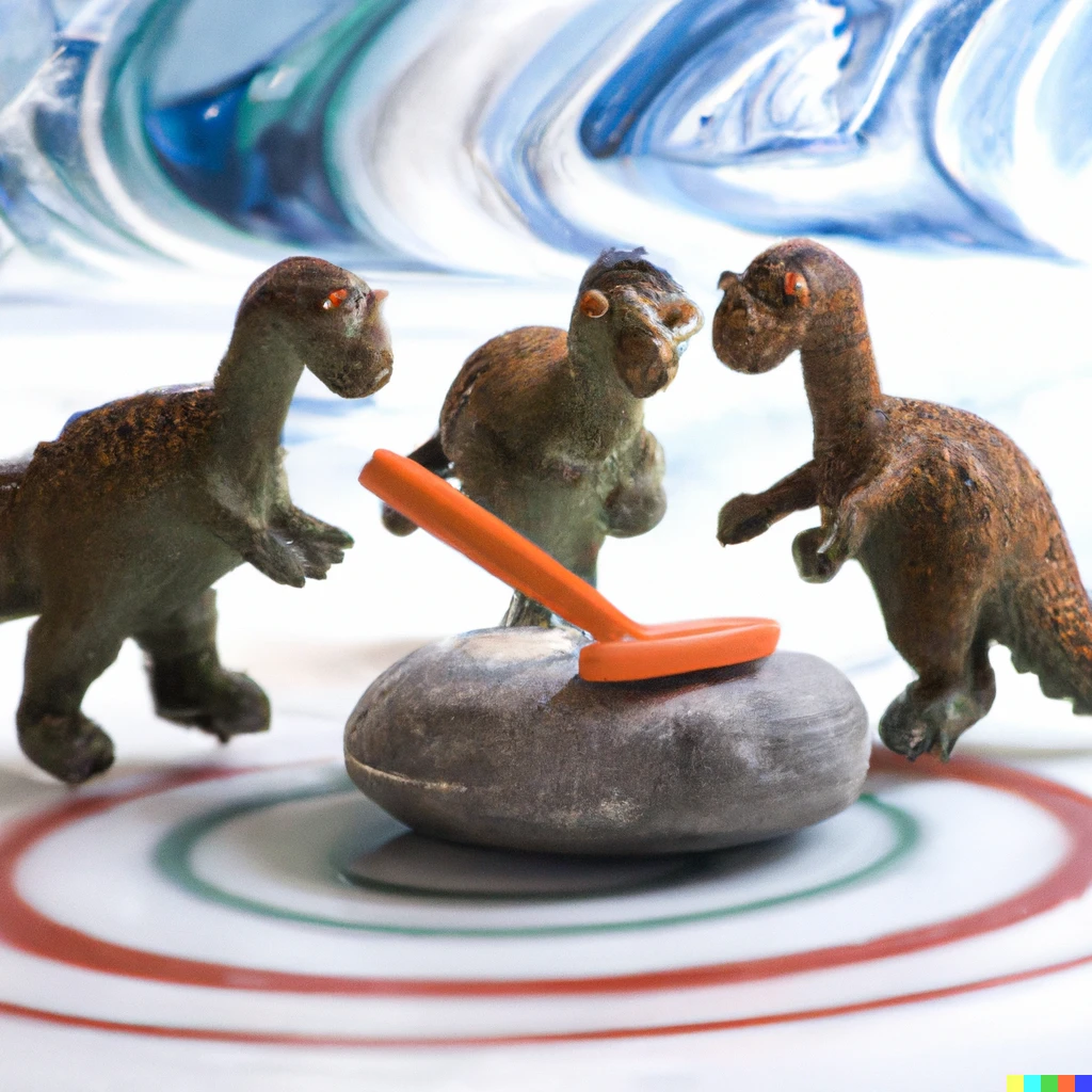 Prompt: Dinosaurs playing a curling match on ice, photograph