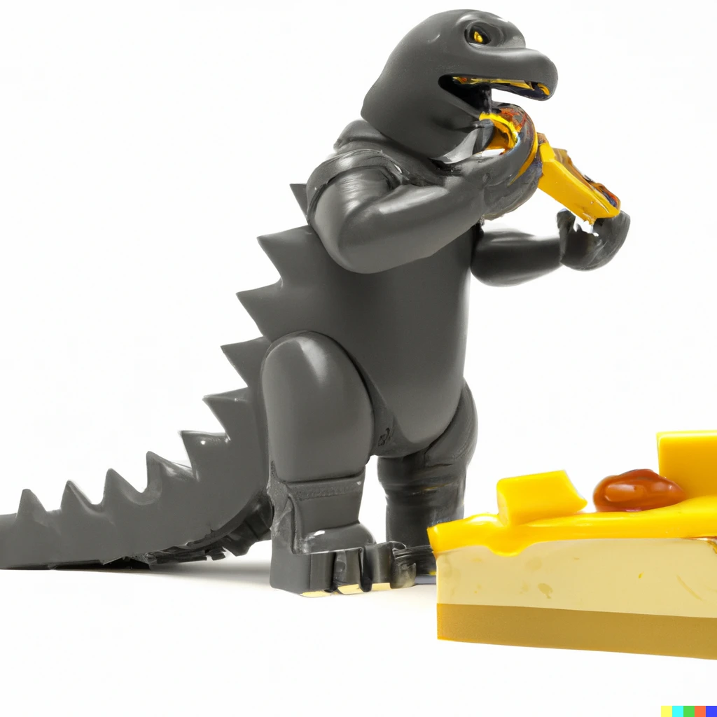 Prompt: An photo realistic rendering of a lego Godzilla eating a cheese coney