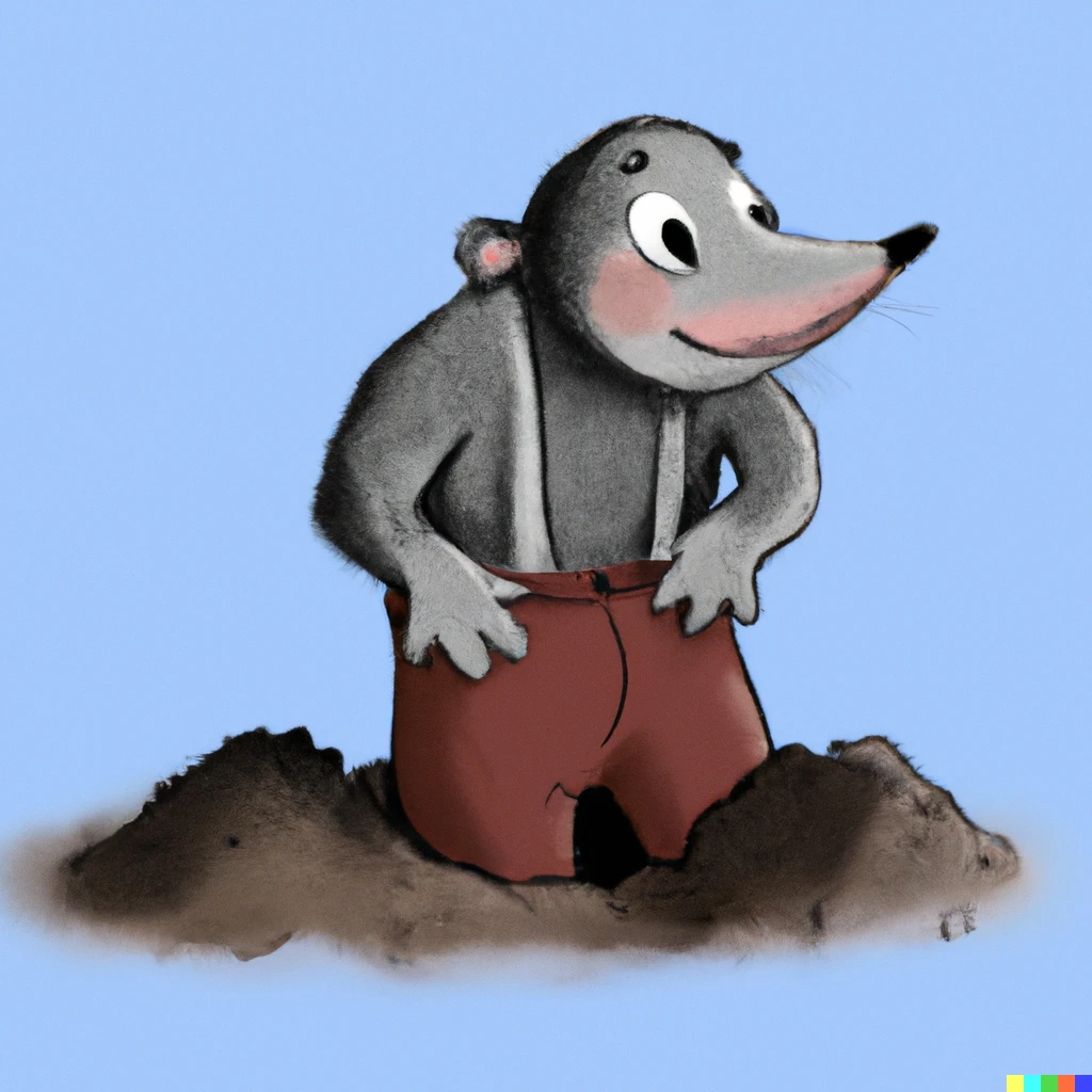 Prompt: A digital art of a mole with trousers digging a moot, looking happy.