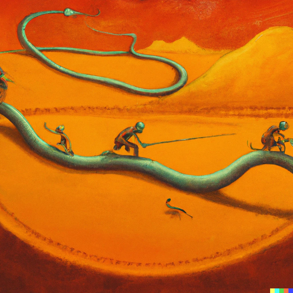 Prompt: Fremen riding worms on the planet Arrakis painted in Surrealist