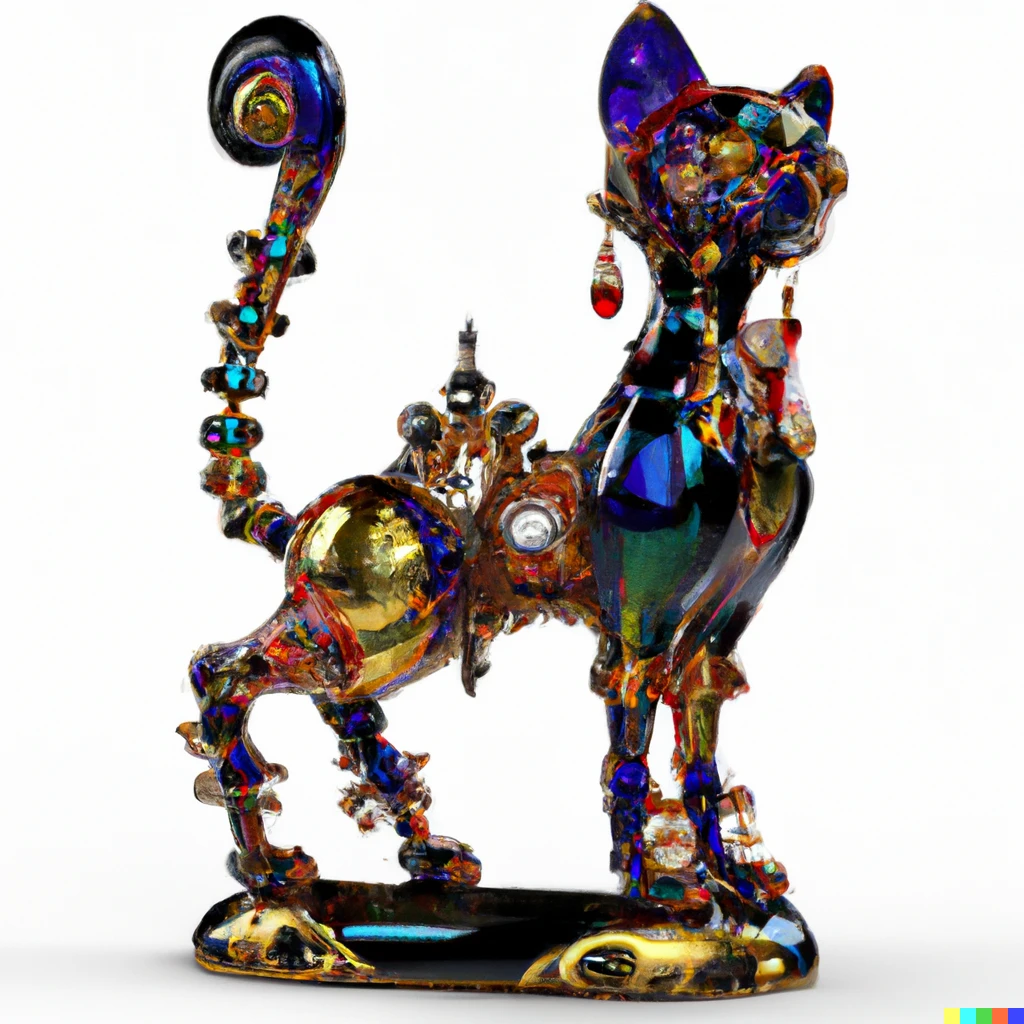Prompt: Sculpture of a cat in silver gold ruby sapphire topaz by Theodore Starr Benvenuto Cellini Faberge, liberty art nouveau jugendstil four legs one tail biomechanical complex decadent gothic filigree hyperdetailed intricate rococo iridescent, 8k octane render photorealistic shadow depth studio lighting wide angle full shot f/22 design magazine photography a masterwork