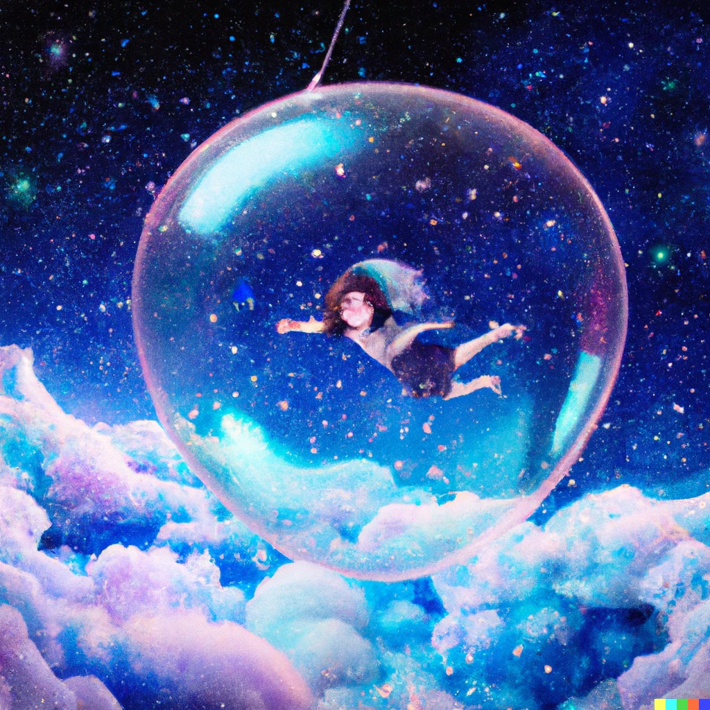 Prompt: A happy fantasy girl floating weightlessly inside a giant iridescent soap bubble floating through a starry night sky with starlit clouds,  zoomed out, Studio Ghibli, highly detailed