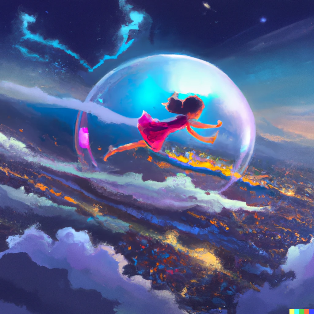 Prompt: A happy fantasy girl floating weightlessly inside a giant iridescent soap bubble floating through a starry night sky with starlit clouds, Studio Ghibli, highly detailed