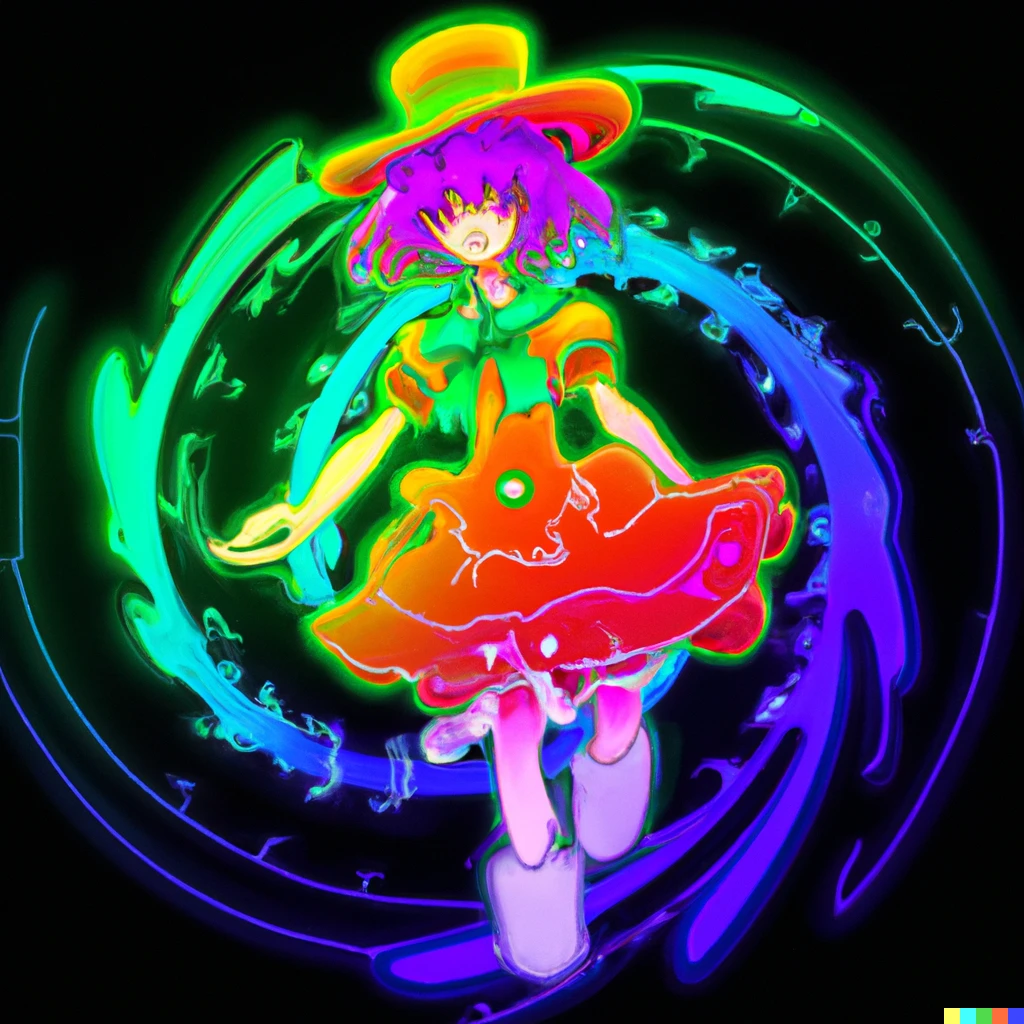 Prompt: a neon music touhou character with petticoats and buttons and rainbows