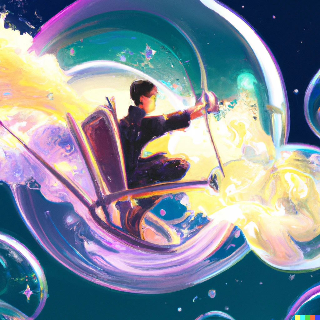 Prompt: A space traveler flying a simple transparent acrylic bubble with a single seat and two ionic thrusters on opposite sides that swivel and fire independently, other space travelers each piloting similar acrylic bubbles with thrusters, beautiful view of the cosmos, digital art