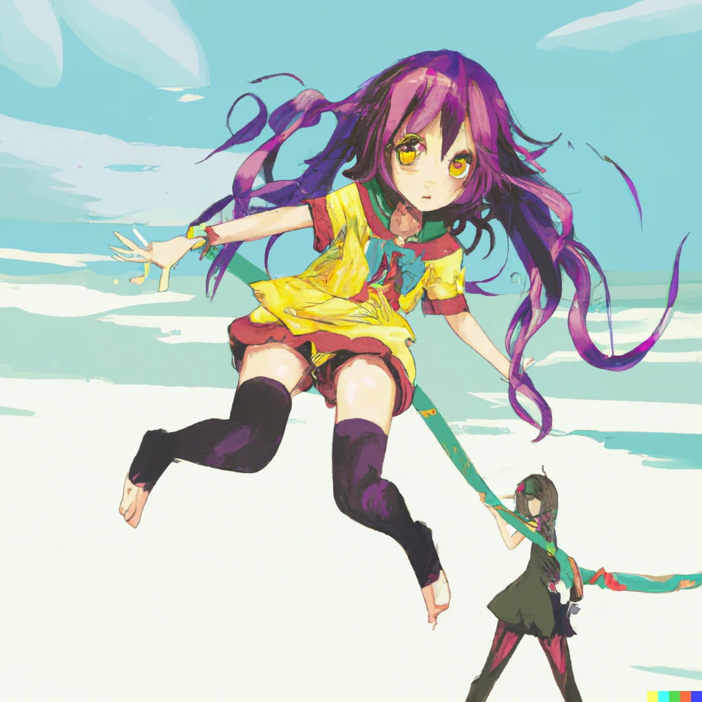 Prompt: Anime Key Visual of a Manic Pixie Dream Girl floating around in zero gravity, with a rope wrapped around her wrist so she doesn't float away, another girl is standing below on a grassy hill and holding the other end of that rope, official media from No Game No Life (2014) by Yuu Kamiya
