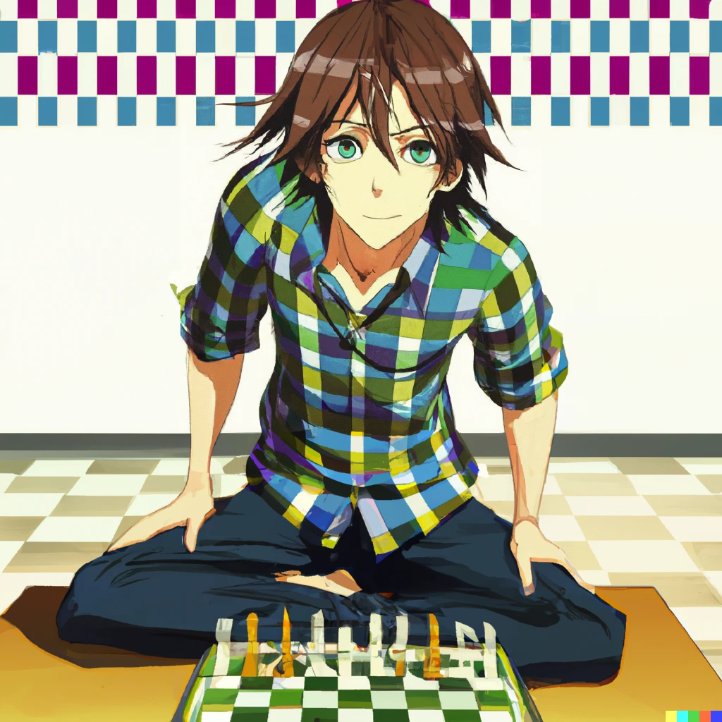 Prompt: Anime Key Visual of Ashton Kutcher levitating lotus position behind a chessboard, playing chess with viewer, he is clean-shaven with parted dark brown hair, long hair, an untucked green plaid short sleeve buttoned up shirt, dark green cargo pants, skate shoes, smartwatch, black wedding ring, no undershirt, no tie, and no glasses, zoomed out, official media from No Game No Life (2014) by Yuu Kamiya