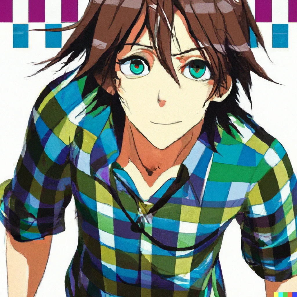 Prompt: Anime Key Visual of Ashton Kutcher, clean-shaven with parted dark brown hair, long hair, dark blue eyes, central heterochromia, a bigger nose, somewhat overweight, a green plaid short sleeve buttoned up shirt, no undershirt, no tie, and no glasses, floating around, official media from No Game No Life (2014) by Yuu Kamiya
