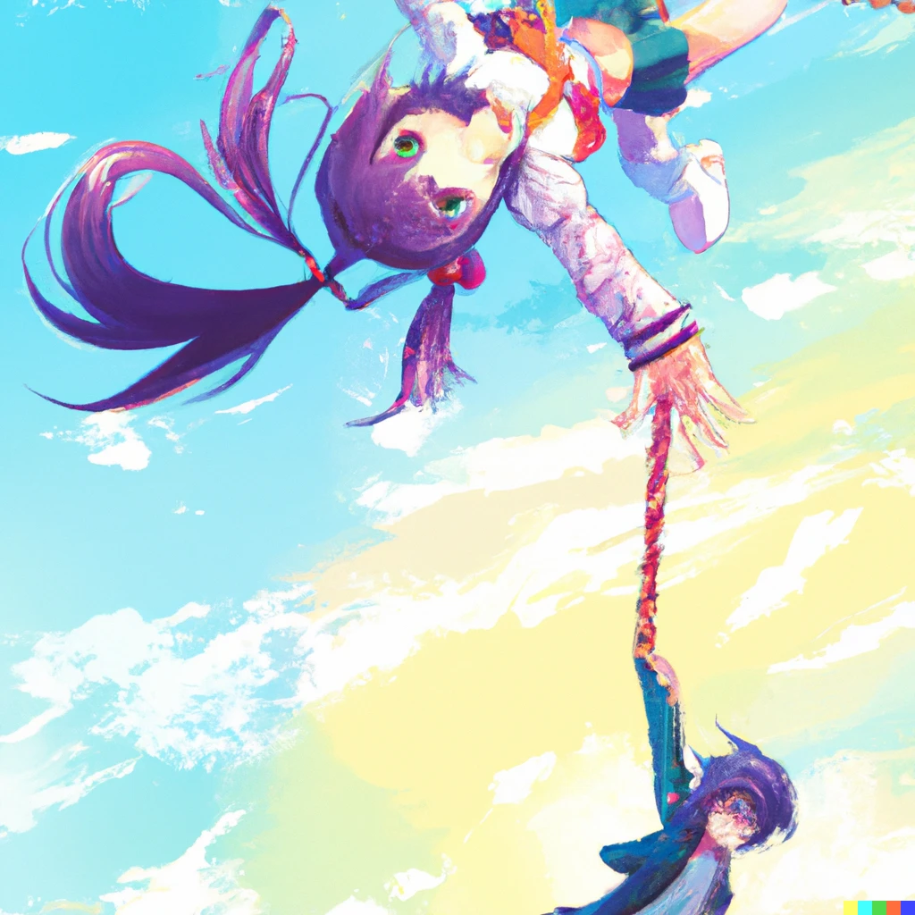 Prompt: Anime Key Visual a happy person floating upside down, one hand holding onto a rope so they don't float away, another person is walking and holding the other end of the rope in one hand, official media from No Game No Life (2014) by Yuu Kamiya