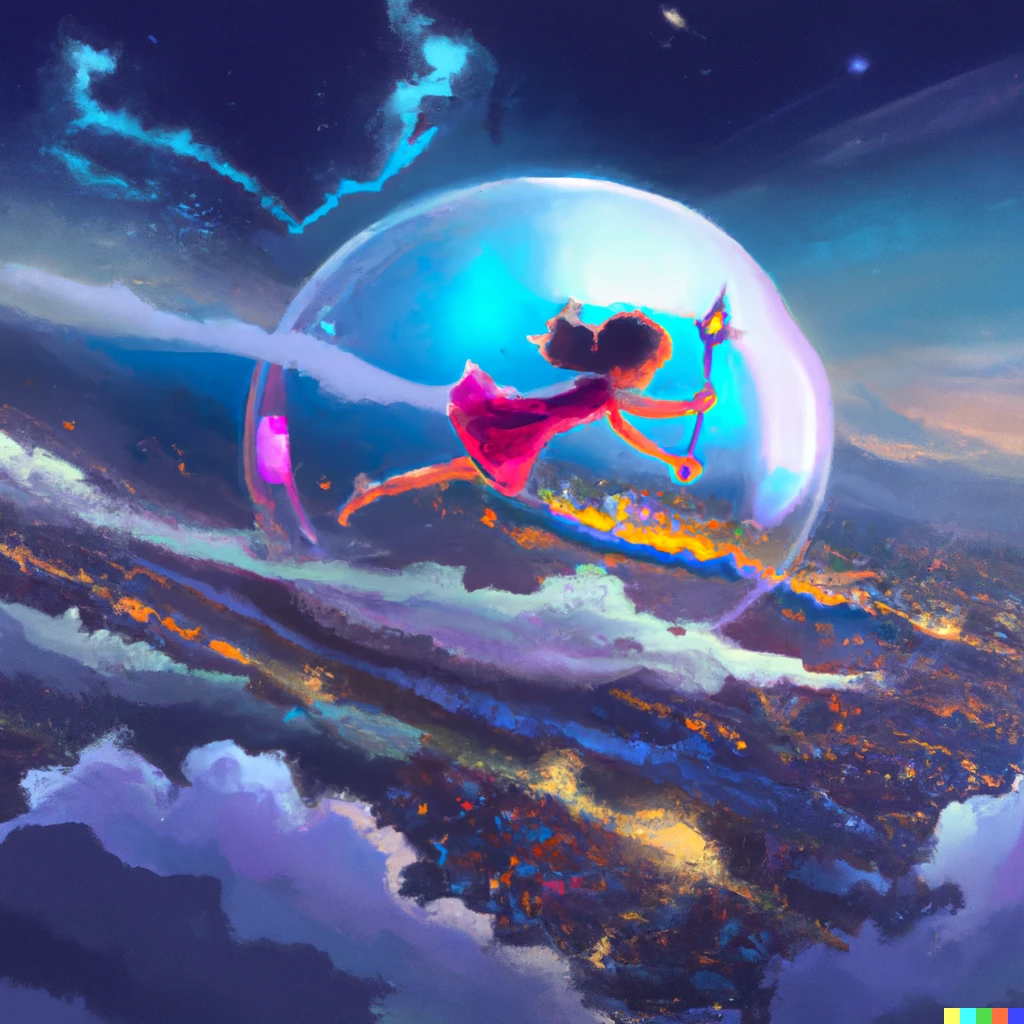 Prompt: A happy fantasy girl holding a giant bubble wand and floating weightlessly inside a giant iridescent soap bubble floating through a starry night sky with starlit clouds, Studio Ghibli anime key visual, highly detailed