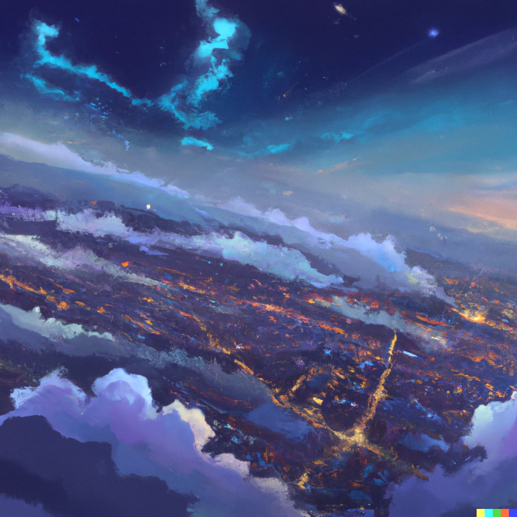 Prompt: An HD digital anime painting of a landscape at night with starlit clouds and a fantasy town, bird's-eye overview from above the clouds, promotional poster