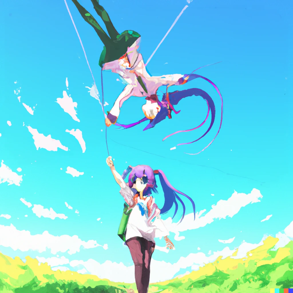 Prompt: Anime Key Visual of a Manic Pixie Dream Girl upside-down in zero gravity with a rope to keep her from floating away, another girl is walking below and holding that rope, official media from No Game No Life (2014) by Yuu Kamiya