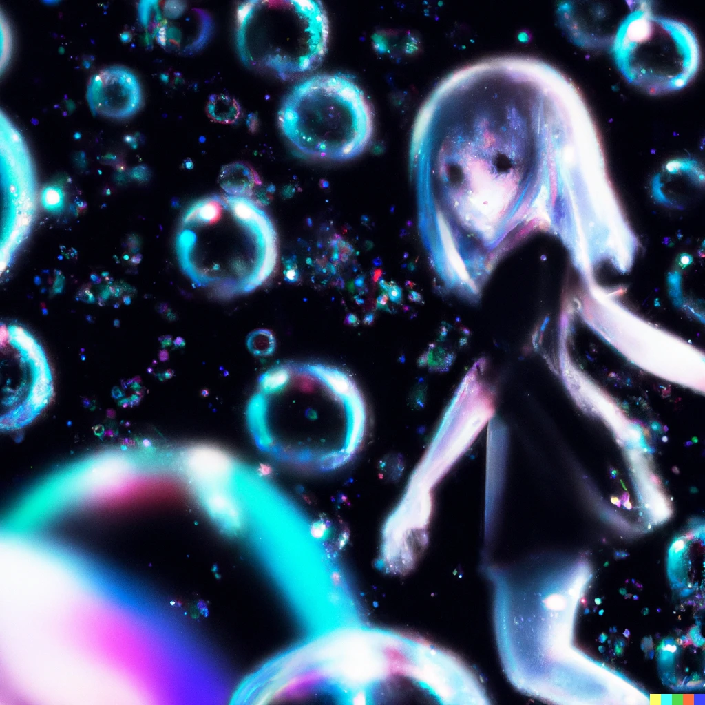 Prompt: digital art of an anime girl walking on iridescent giant bubbles across a galaxy, highly detailed, zoomed out, dramatic lighting, studio ghibli style